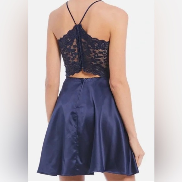 NWT B Darling Satin Lace Back Mini Dress Junior Size 11-12 Navy Blue - Picture 1 of 9